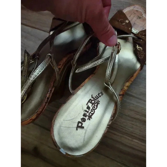 Paris Blues Sz 8.5 Cork Wedge Sandals Unique Strappy Heels Gold & Brown - Picture 3 of 6